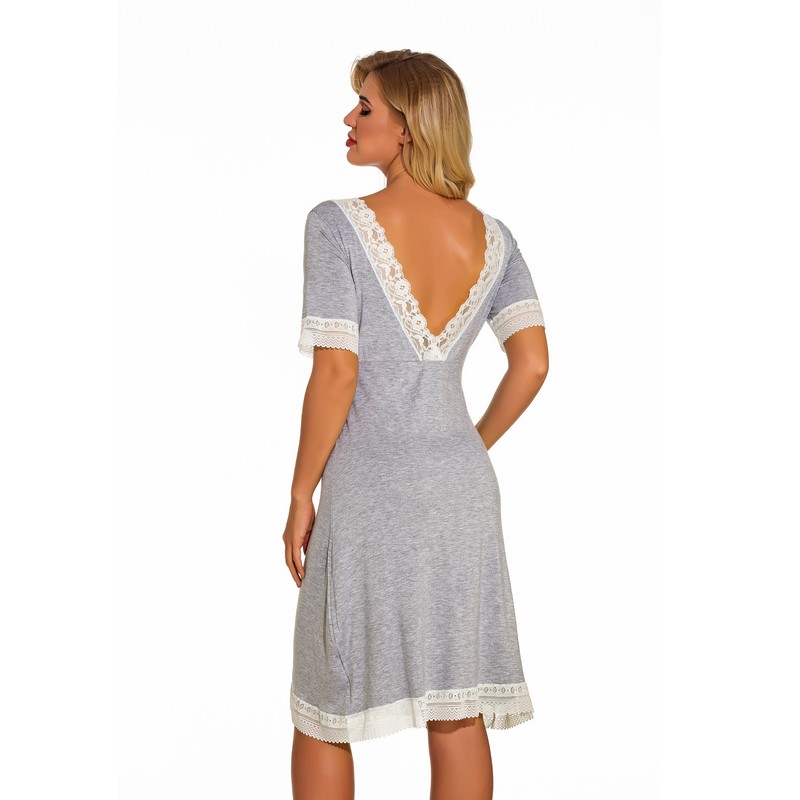 Women Grey Short Sleeves Cotton V-plunging Sleep Knee Chemise Babydoll with Lace Accents Sleepwear Dress Home Lounge Wear Lingerie S-XXL