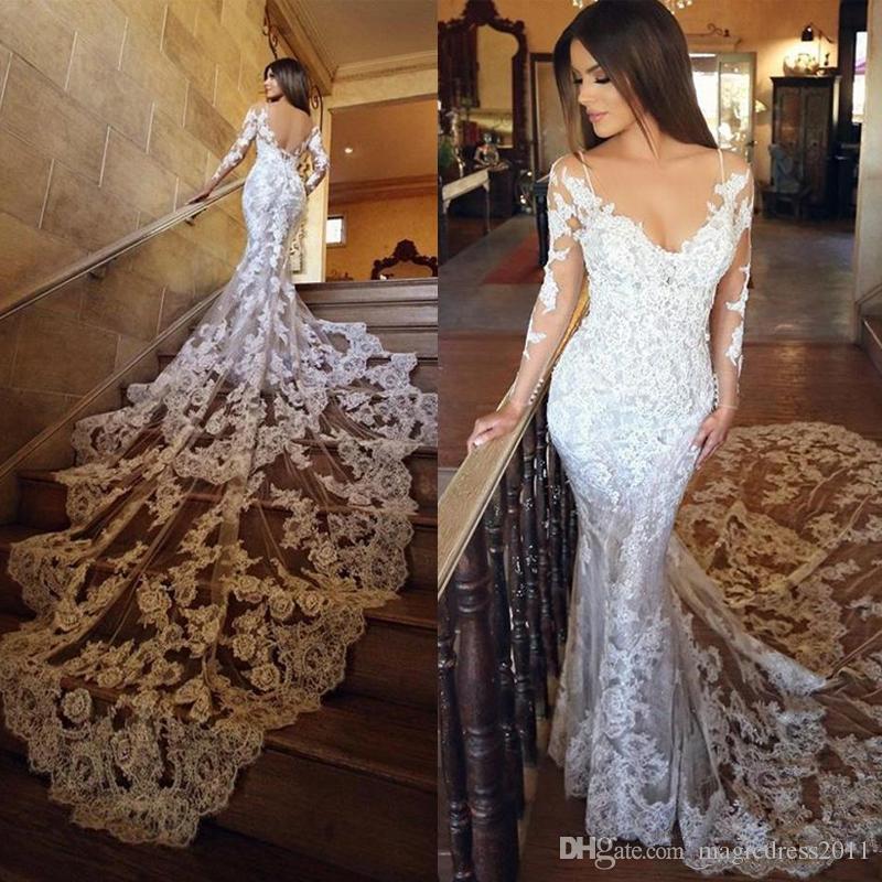 Charming Plus Size Mermaid Dresses Lace Long Illusion Sleeves Open Back Court Train Wedding Dress Bridal Gowns vestidos de novia