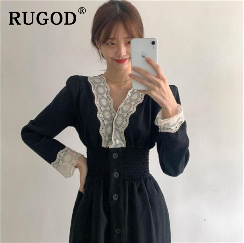 RUGOD Vintage lace patchwork women dress Fashion V neck single-breasted A line long dresses vestidos Elegant auturm winter dress, Black
RUGOD Vintage lace patchwork women dress Fashion V neck single-breasted A line long dresses vestidos Elegant auturm winter dress, Black