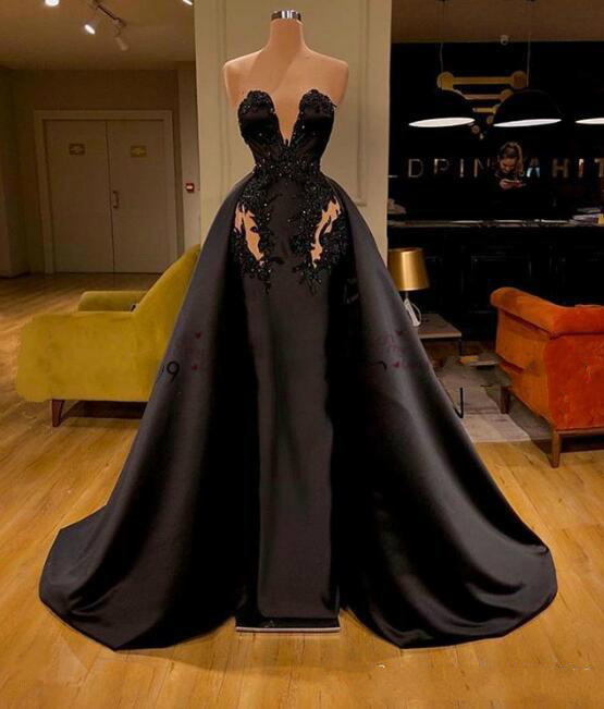 Black Long Formal Evening Dresses With Detachable Train Sweetheart Lace Appliques Sequins Prom Dress Sweep Train Party Gowns