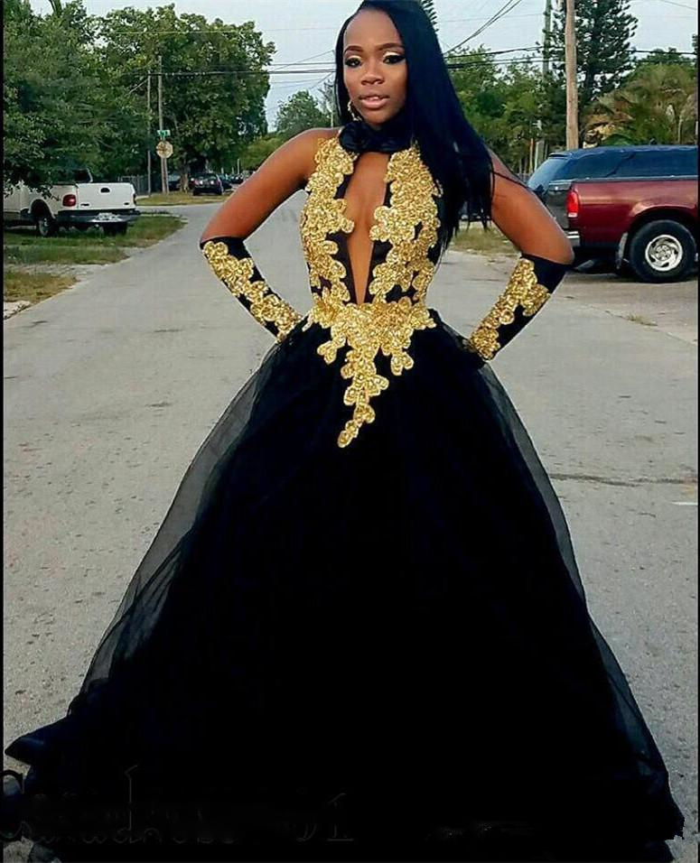 Black A Line Prom Dresses Gold Appliques Puffy Tulle Evening Gowns Plus Size Evening Gowns Cooktail Abendkleider Quinceanera Sweet 16 Dress