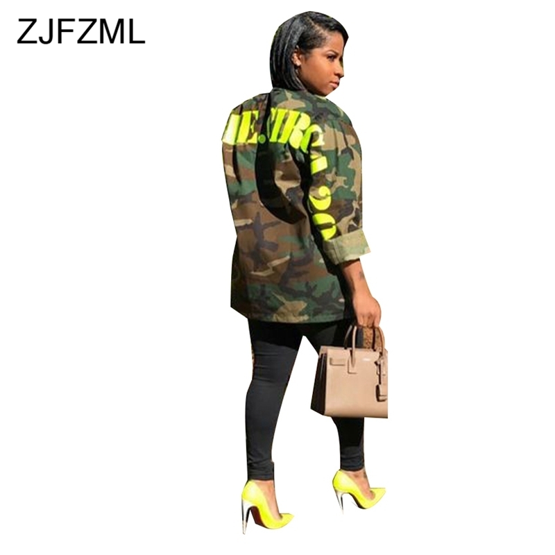 ZJFZML Camouflage Print Casual Jackets Women Turn-Down Collar Full Sleeve Coat Streetwear Army Green Letter Outwear Open Stitch Y191014