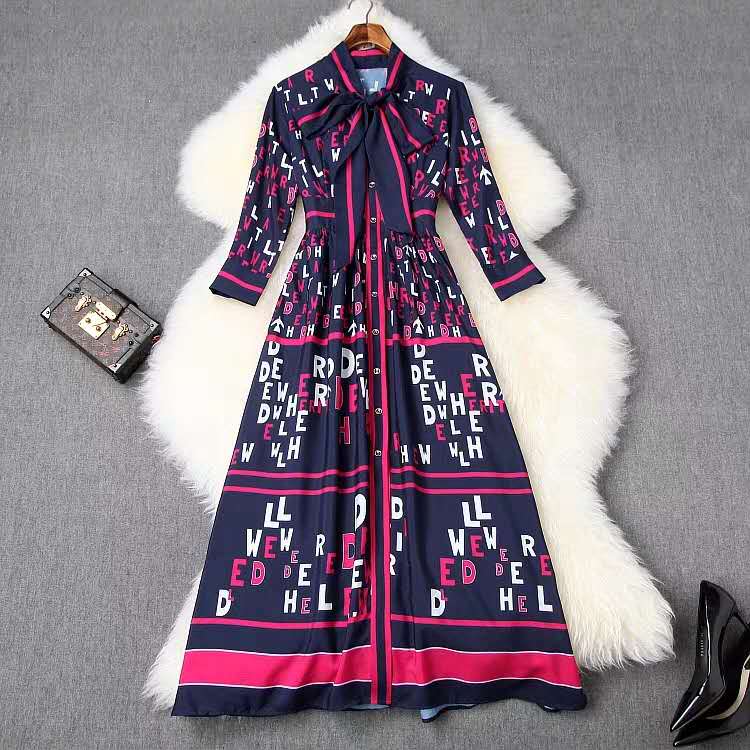 European and American women's customized blue letter printing tie bow single breasted 9-point sleeve waist length dress, Black;gray
European and American women's customized blue letter printing tie bow single breasted 9-point sleeve waist length dress, Black;gray