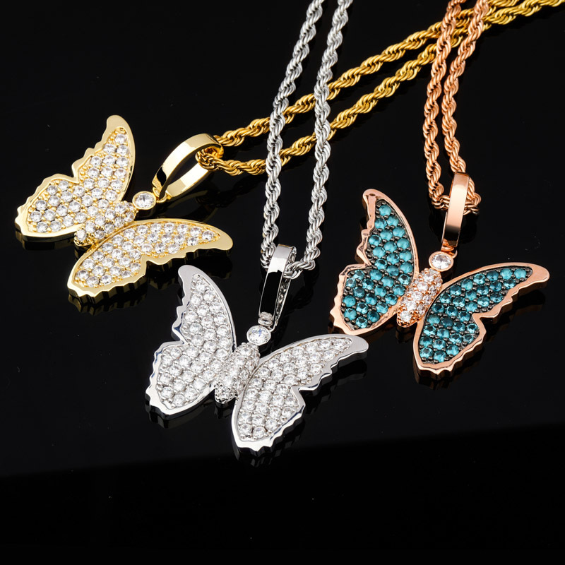 Hip Hop Diamond Stone Charm Butterfly Pendants Necklace Jewelry 18K Real Gold Plated Men Women Lover Gift