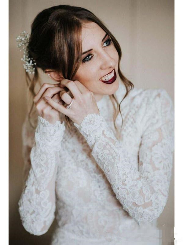 High Neck Country Mermaid Wedding Dresses with Long Sleeve 2019 Simple Lace Stain Muslim Hijab Style Bohemian Trumpet Wedding Gown
