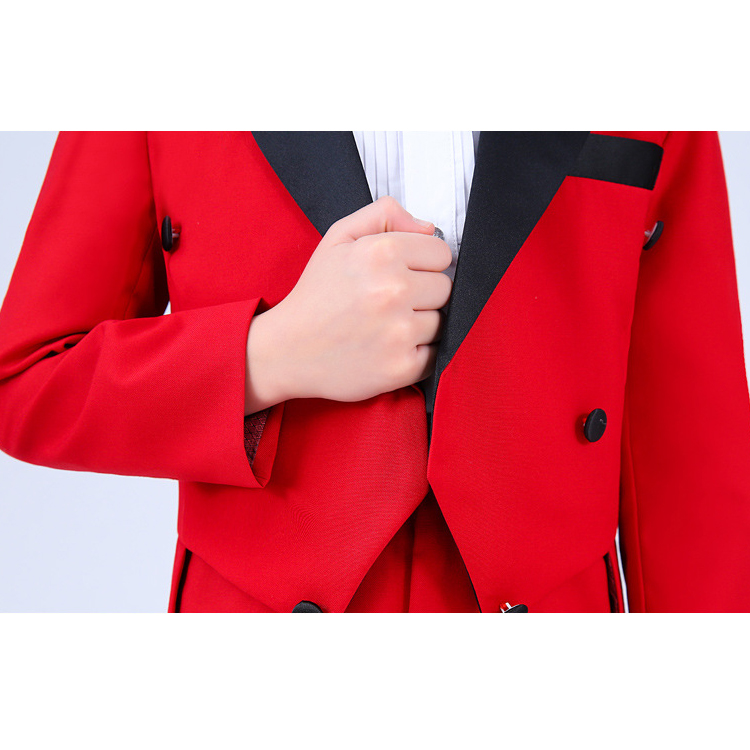 2019 Boy's Formal Wear Wedding Suits Red Peaked Lapel Tailcoat Handsome Black Prom Party Pants Suits (Jacket+Pants+Bow+Shirt)