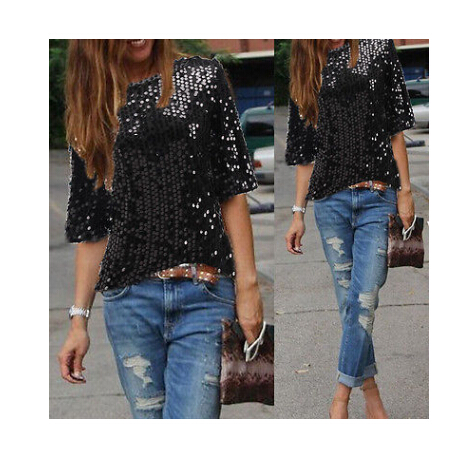 Fashion Women Summer Loose Top Half Sleeve Sparkle Glitter Blouse Ladies Casual Loose Sequined Pullover Tops Blouse Black Sliver