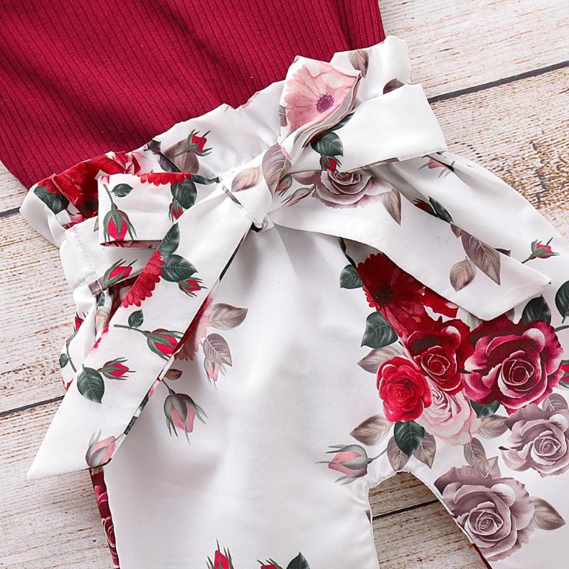 2020 new baby girl Solid Color Tops Clothing Newborn Kids Baby Girls Outfits Clothes Romper Bodysuit+Flower Printed Pants Set