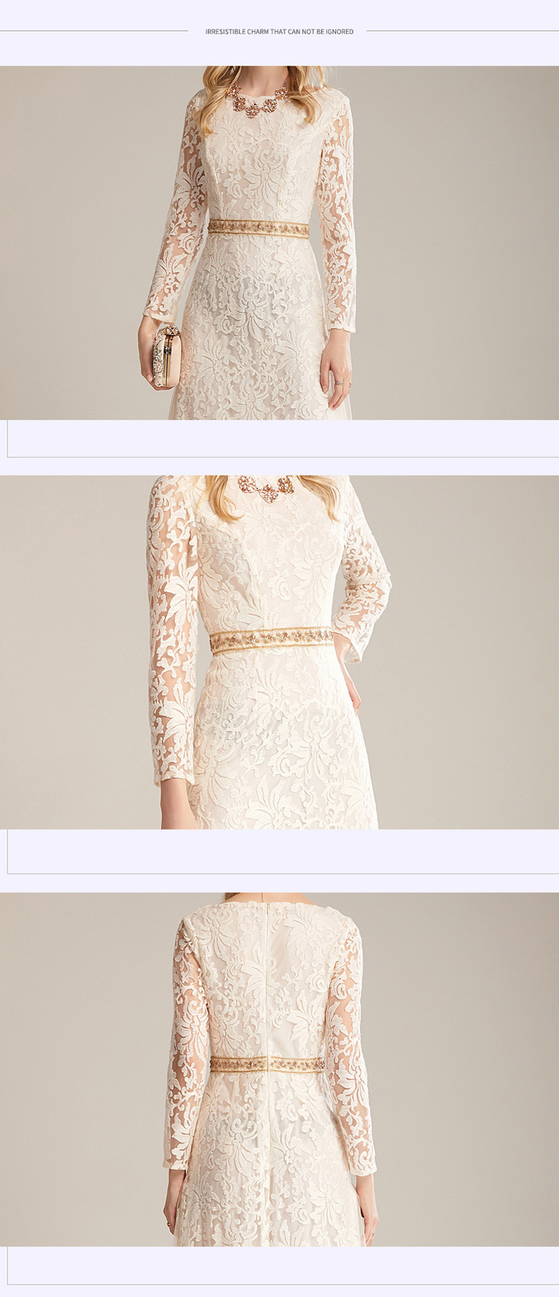 Women's Runway Dresses O Neck Long Sleeves Embroidery Lace Beaded Waist Elegant Fahion Maxi Party Prom