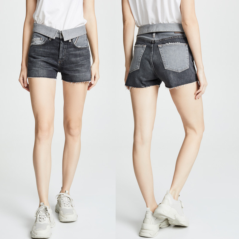 2020 Spring Summer Women's Turn Waist Color Block High Waist Button Dark Grey Denim Shorts, As pic
2020 Spring Summer Women's Turn Waist Color Block High Waist Button Dark Grey Denim Shorts, As pic