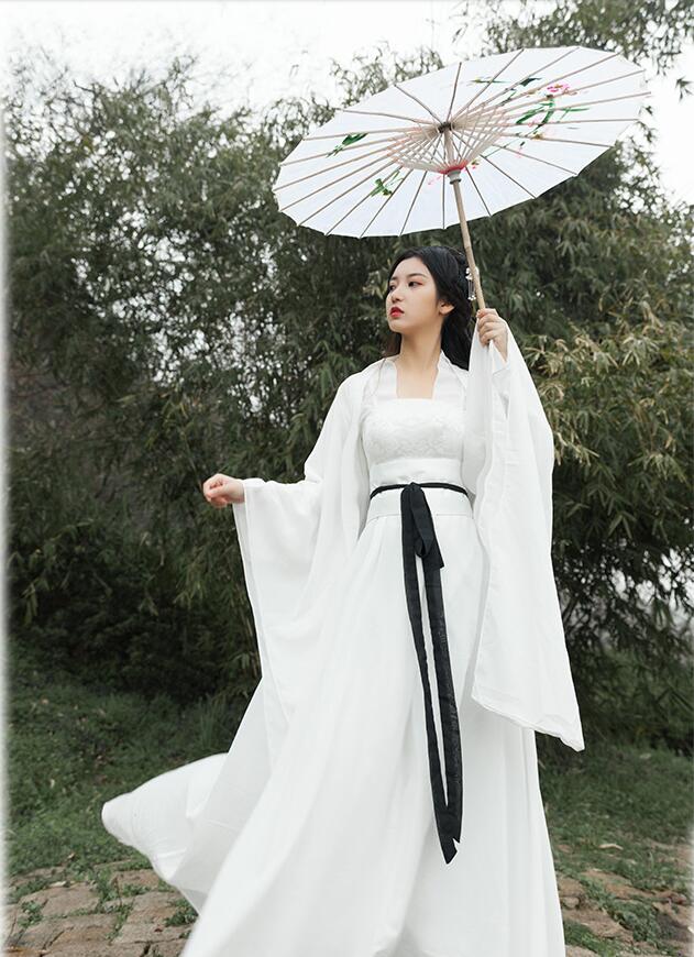 High End Oriental Girl White Costume Ancient China Fairy Hanfu Dress East Asian Style Fresh Elegant Sword Lady chinese folk dance clothes
