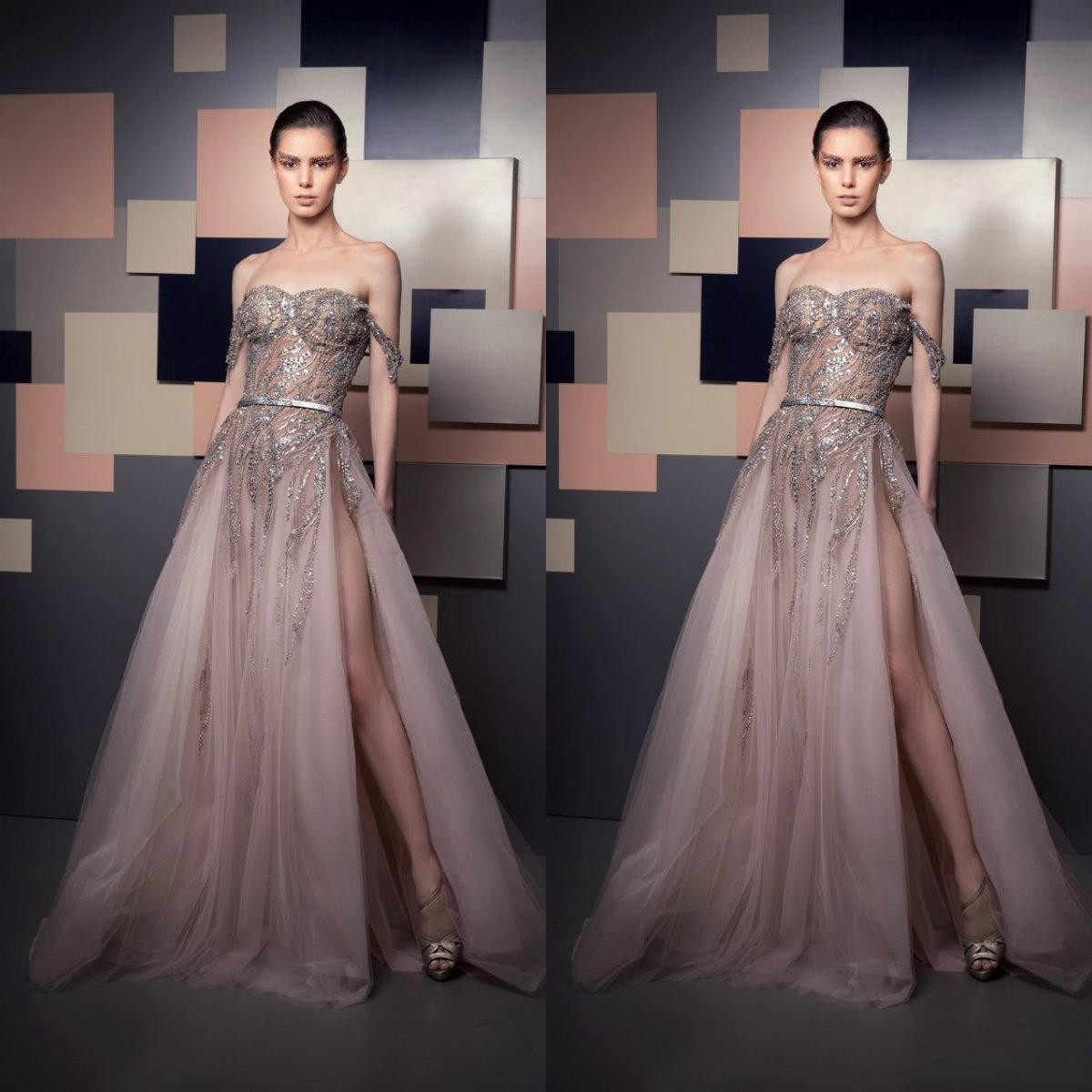 2021 Sexy Ziad Nakad Evening Dresses Off Shoulder Luxury Beads Sequins Illusion Side Split Prom Dress Party Wear Special Gowns, Silver 
2021 Sexy Ziad Nakad Evening Dresses Off Shoulder Luxury Beads Sequins Illusion Side Split Prom Dress Party Wear Special Gowns, Silver