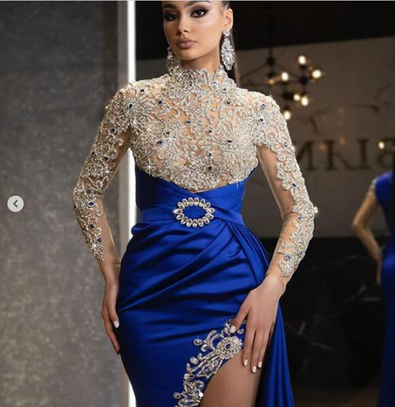 Royal Blue Muslin Indian Evening Dresses 2020 Luxury Shiny Beaded Lace High Neck Sexy Slit Long Sleeve Mermaid Prom Dress with Side Train