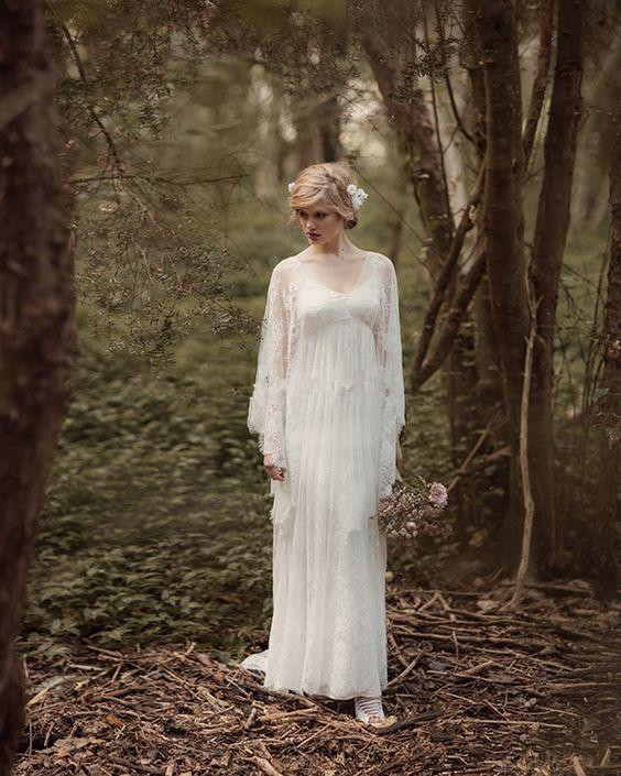 Fairy Lace Vintage Into Woods Wedding Dresses with Long Sleeve V-neck Full length Country Boho Bridal Gown Rue de Seine CG01
