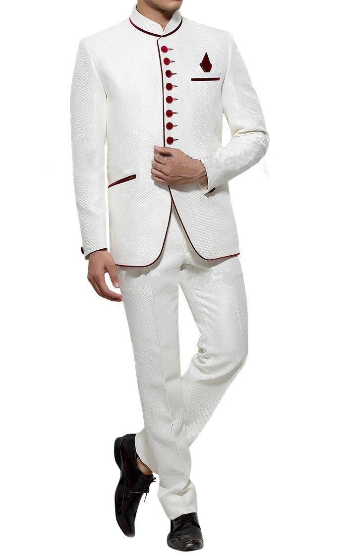 Brand New more Buttons Ivory Wedding Men Suits Stand Collar Two Pieces Business Groom Tuxedos (Jacket+Pants+Tie) W1186