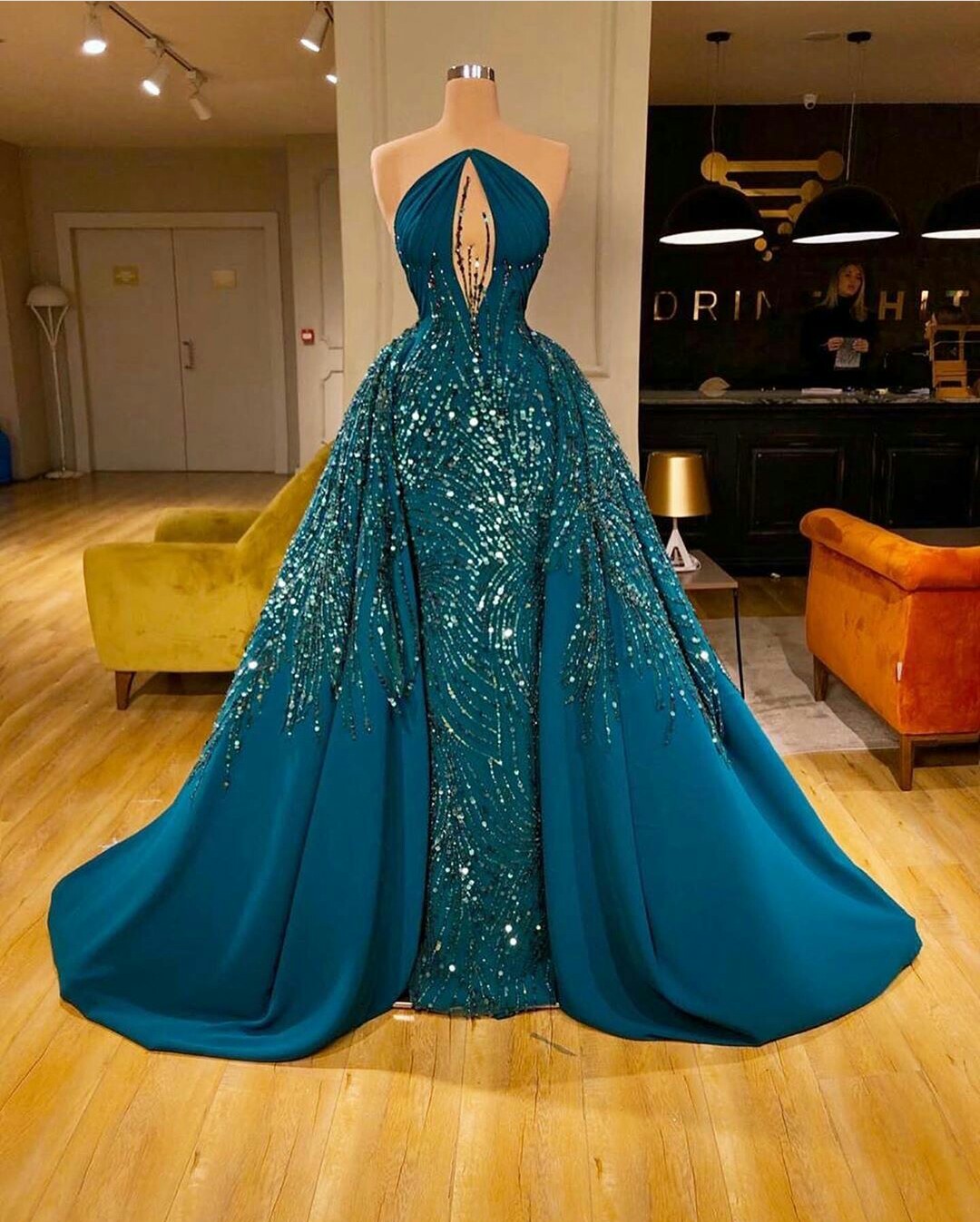 bling bling sequins mermaid prom dresses with detachable train backless evening dress party red carpet formal wear ogstuff robes de soire