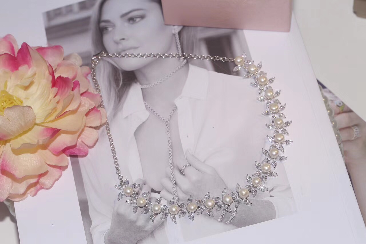 Fashion- Silver Adjustable Slide Marquise Cut Clear Cubic Zirconia Leaf Tennis Choker Necklaces With Natural Pearl For Women Wedding