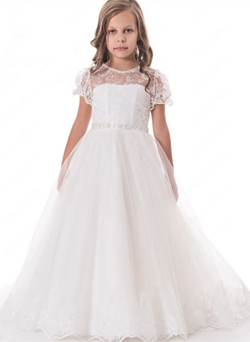 Lace Short Sleeve Flower Girls Dresses Long Children Graduation Gowns Back Bow Ivory Girls Party Dress