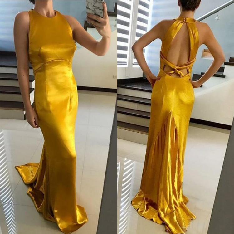 Gold Mermaid Evening Dresses Jewel Neck Open Back Prom Dress vestidos de fiesta Sweep Train Satin Sleeveless Long Formal Party Gowns