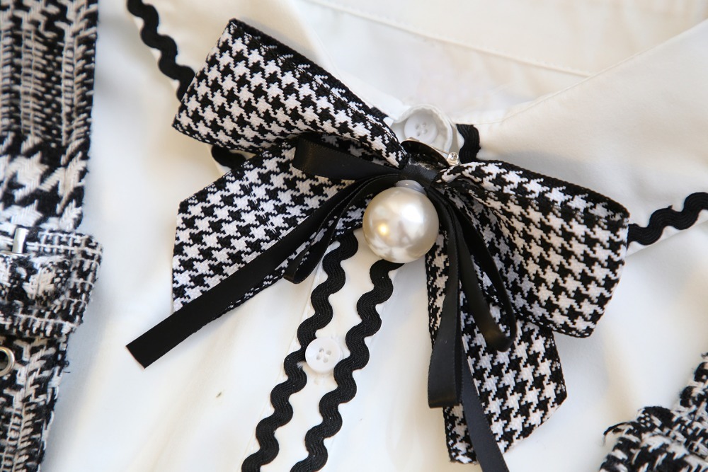 Sweet Bow Pearl Chiffon White Blouse Shirt+Plaid Wool Suspender Short Set 2 Piece Outfits For Women Summer Top Wide Leg Pant Set CX200702