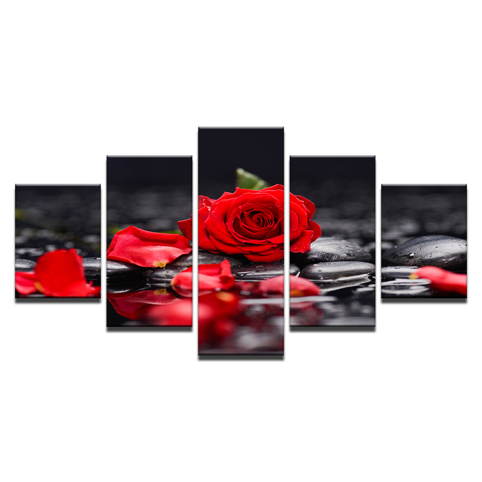 5 Pieces/set Canvas Print Flower Red Rose In Black Wall Art Picture with Modern Wall Paintings Modular Picture No Frame