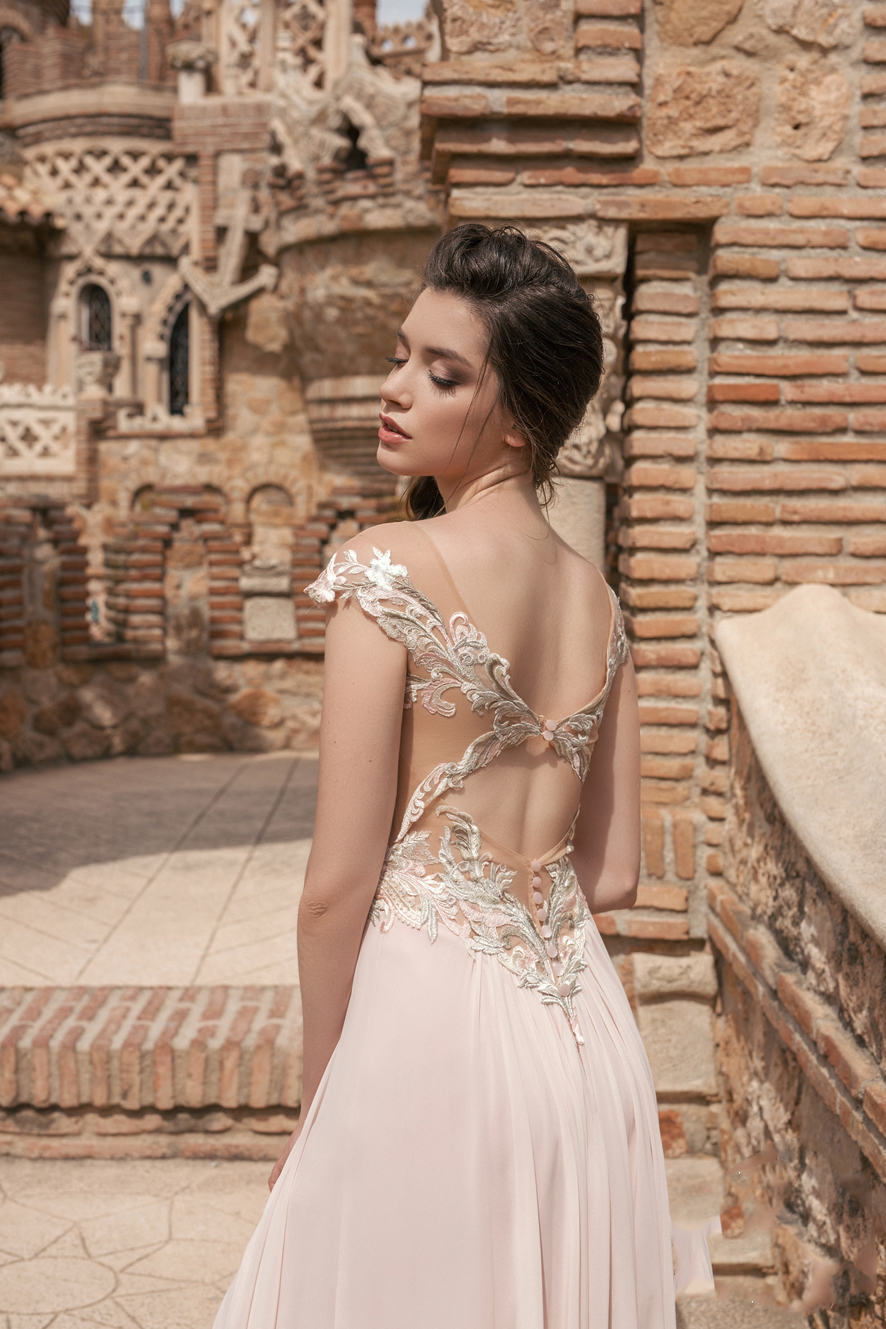 Belfaso 2019 Prom Dresses Jewel Capped Sleeve Appliques Chiffon Evening Gowns Sexy Hollow Back Sweep Train A E Special Ocn Dress 6660305