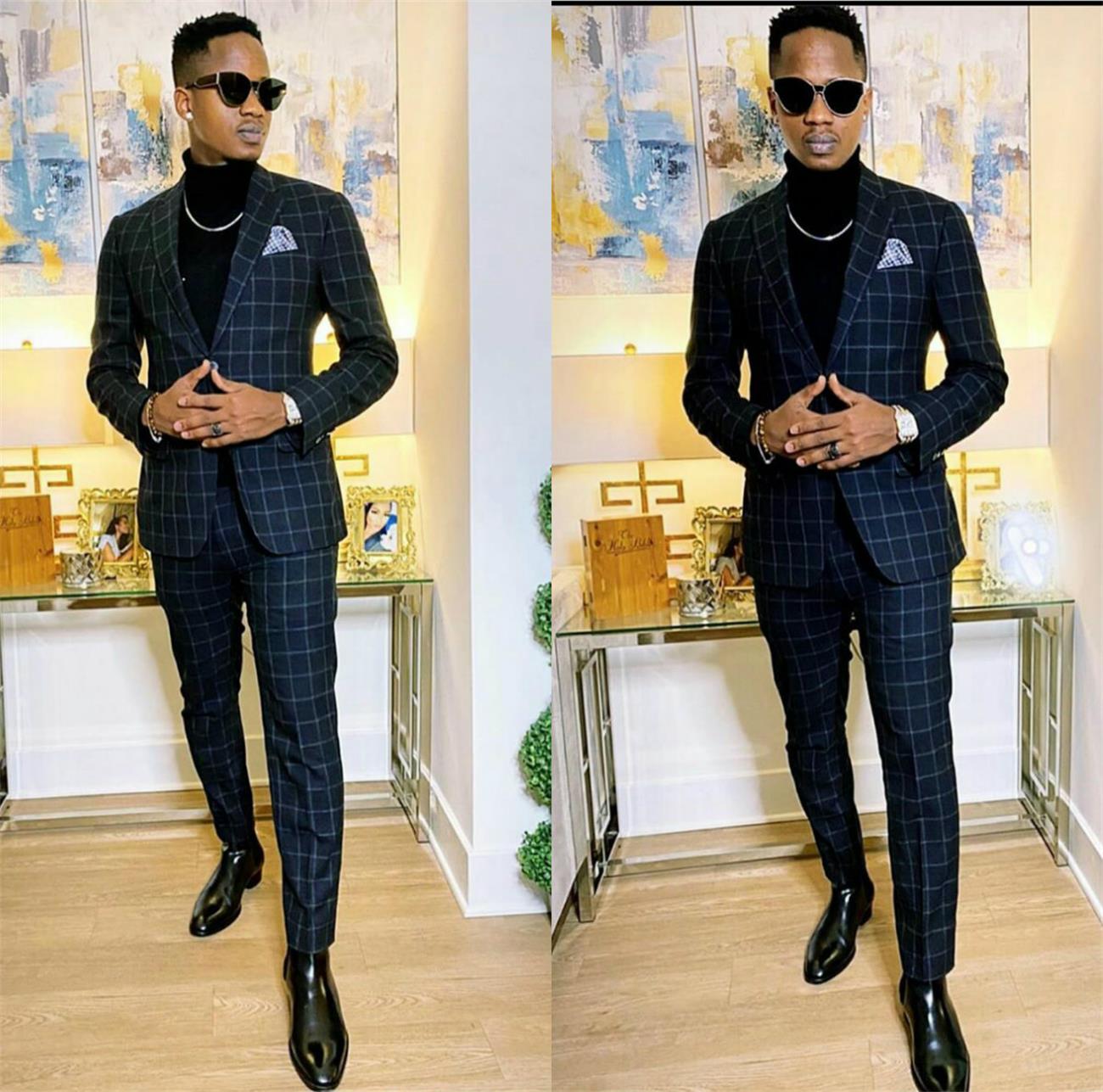 black plaid men suits blazer wedding suit slim fit 2 pieces groom tuxedos best mens prom party suits jacketpants custom made