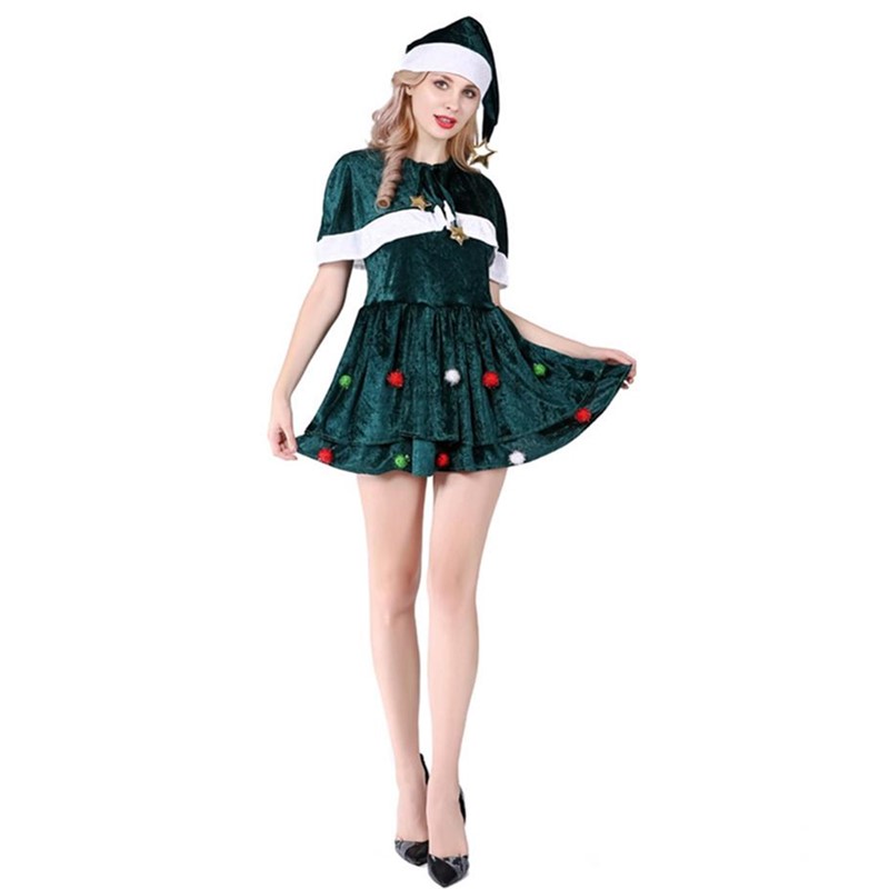 Adult Women Christmas Tree Costume Cape Hat Set Layered A-line Mini Dress with White Fuzzy Trim and Stars Balls Cosplay S-3XL Plus Size