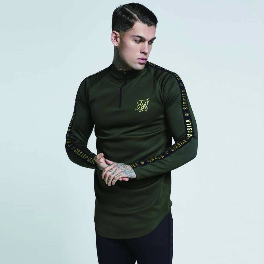 New Fashion Men Sik Silk Embroidery Solid Color Elastic T shirt High Zipper Collar Elastic Long-Sleeved Men Slim Casual T-shirts V191026