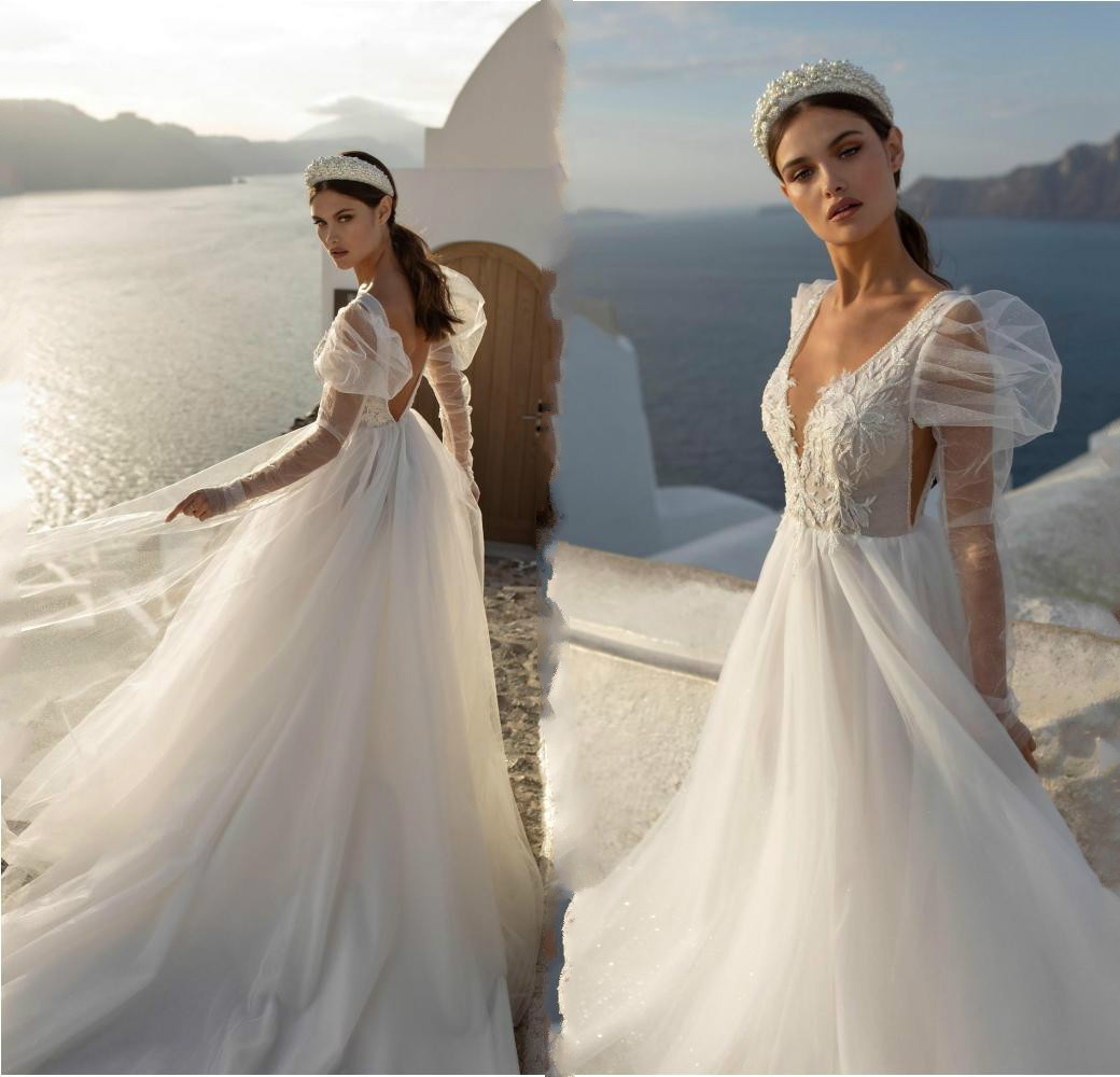 New Beach Long Sleeve Wedding Dresses Sexy Deep V Neck Bling Bling Bridal Gowns Backless Summer Sweep Train Wedding Dress