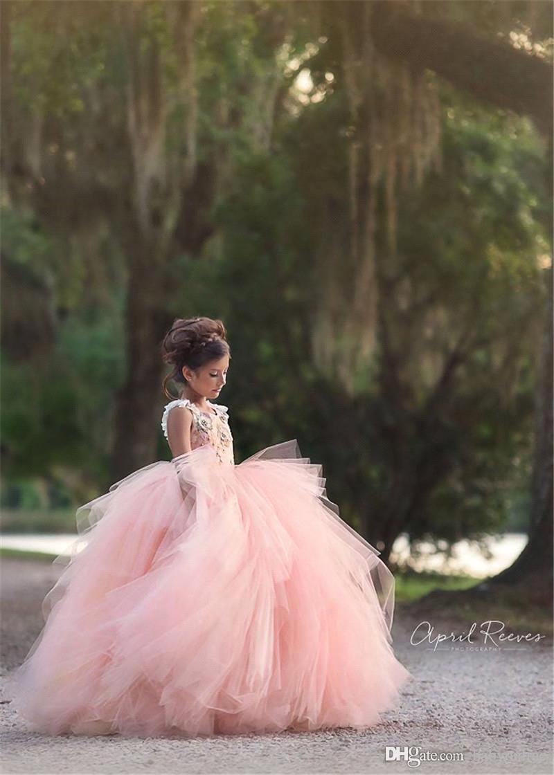 Lovely Pink New Princess Girls Pageant Dresses Jewel Sleeveless Ball Gown Appliques Spaghetti Straps Layers Long Kids Tulle Formal Gowns s