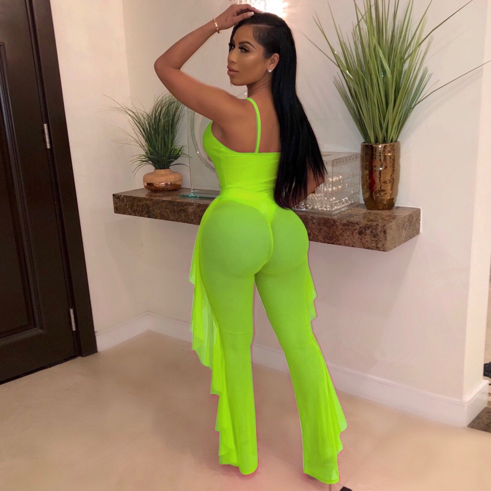 BKLD Fashion Neon Green Tracksuit Women Two Piece Set Sleeveless Bodysuit And Ruffles Mesh Sheer Pants Bodycon Two Piece Outfits