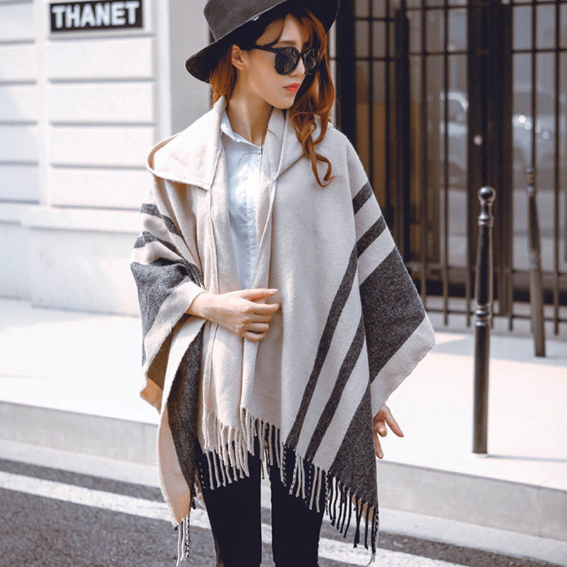 Fashion-Women's Wool Hooded Poncho with Hat Winter Scarves Black Beige Colors