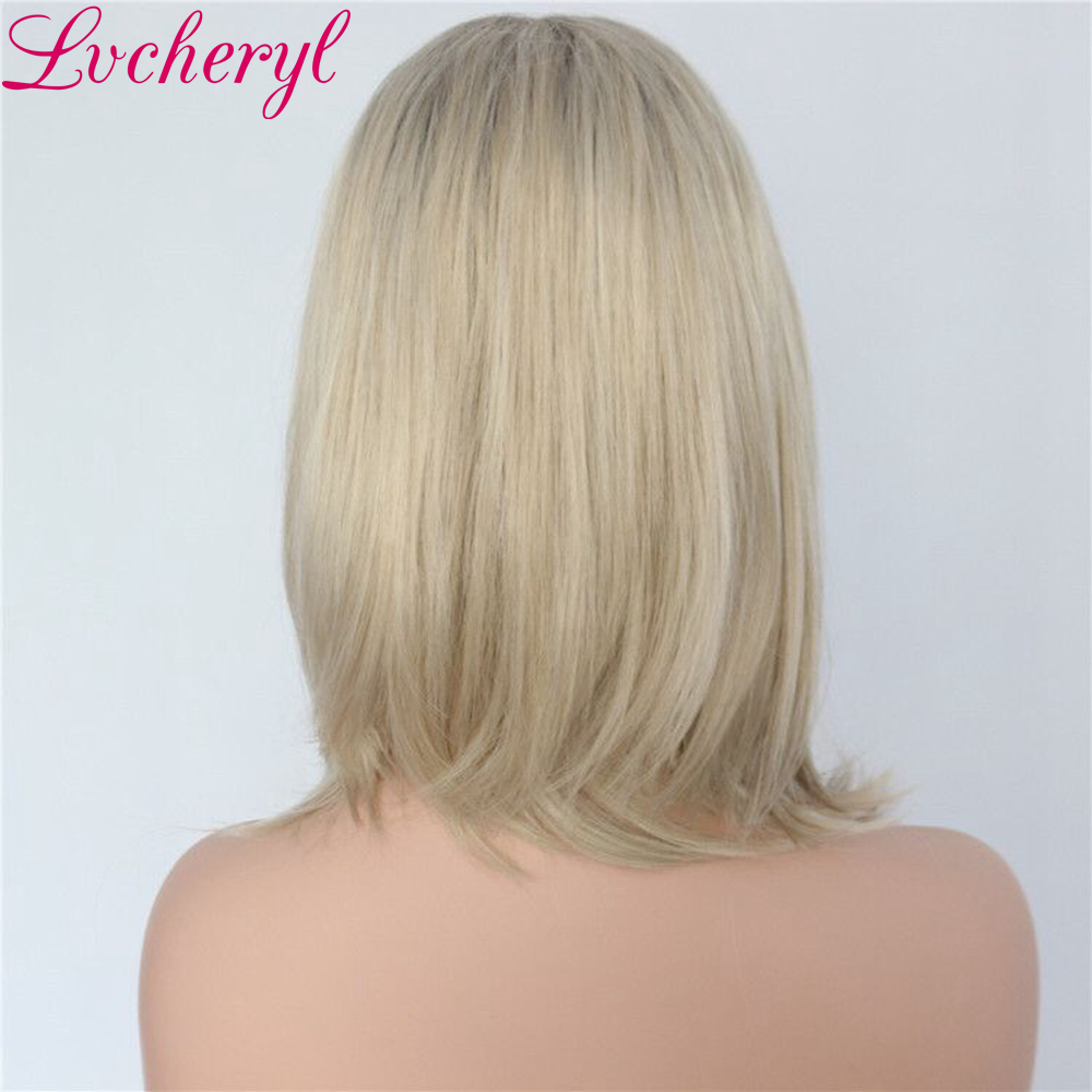 Fashion Hair Blonde Ombre Lace Front Wig Synthetic Short bob Straight Wigs with Dark Roots for Black Women Heat Resistant Fiber