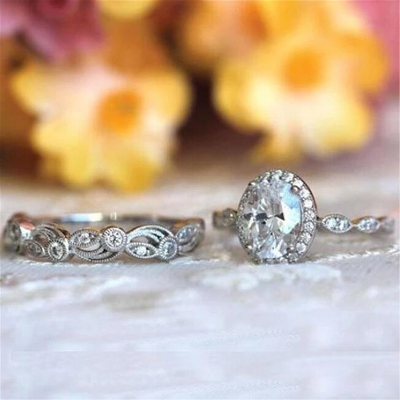 Unique Vintage Jewelry 925 Sterling Silver Oval Cut White Topaz CZ Diamond Gemstones Couple Ring Women Wedding Flower Bridal Ring Set Gift