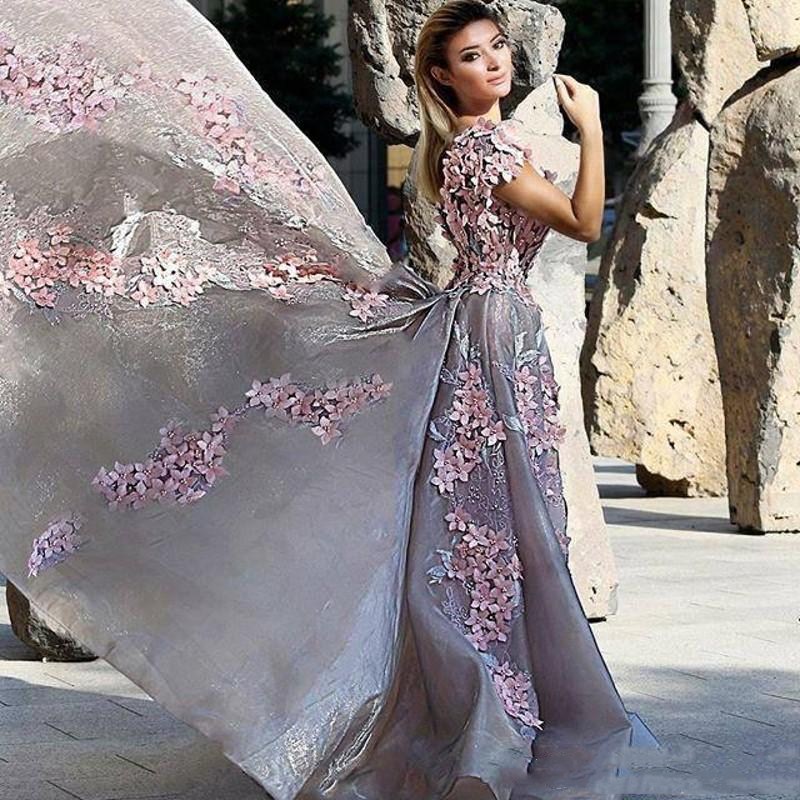 2020 Side Split A Line Prom Dresses with 3D Floral Appliques V Neck Cap Sleeves Formal Evening Dress vestido de novia Party Gowns