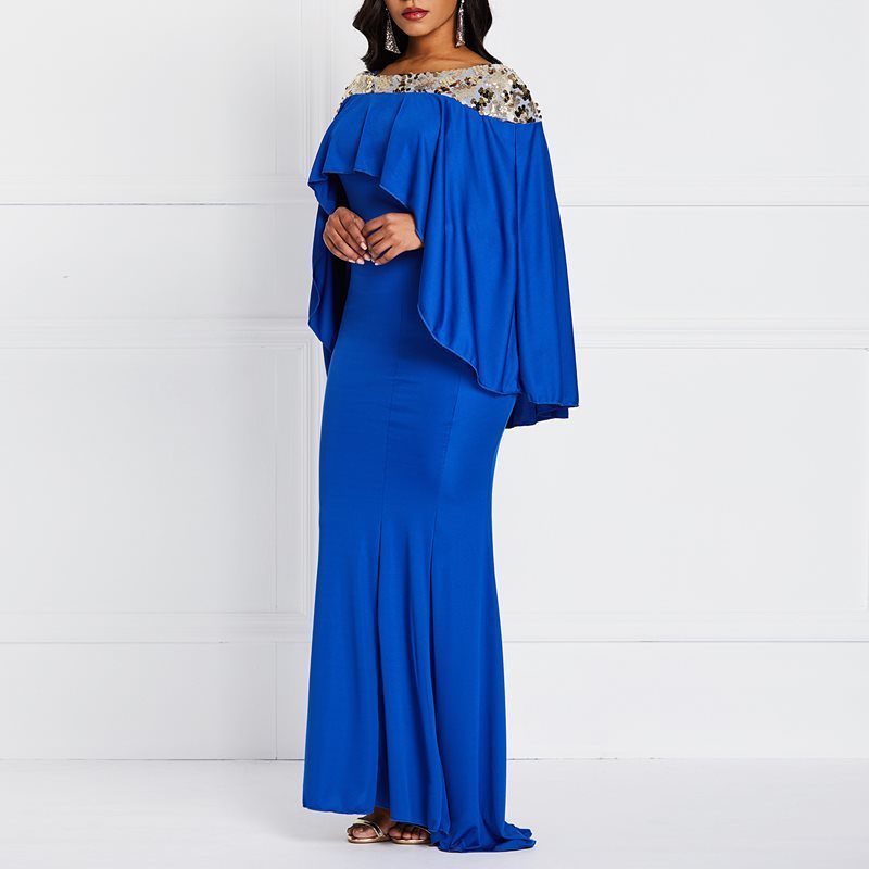 Spring Evening Party Date Mermaid Bodycon Maxi Dress Robe African Women Royal Blue Sequin Cape Ruffle Extra Long Dresses C19041501
