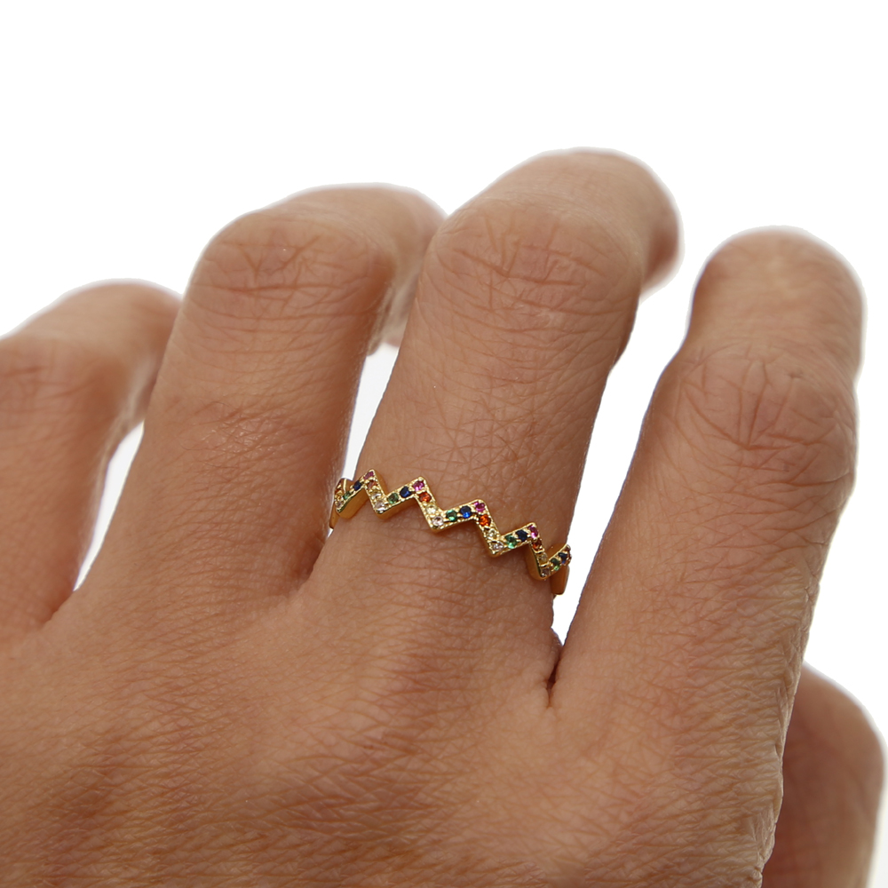 Fashion-Gold filled paved multi color rainbow cz stack wave finger rings for party wedding gift 2018 latest new arrived cz jewelry