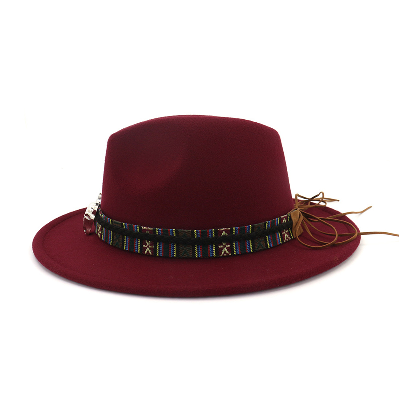 Fashion- Wide Brim Cowboy Fedora Hat Bull Head Decoration National Style Men Women Wool Felt Trilby Ethnic Gambler Hats Jazz Panama Caps