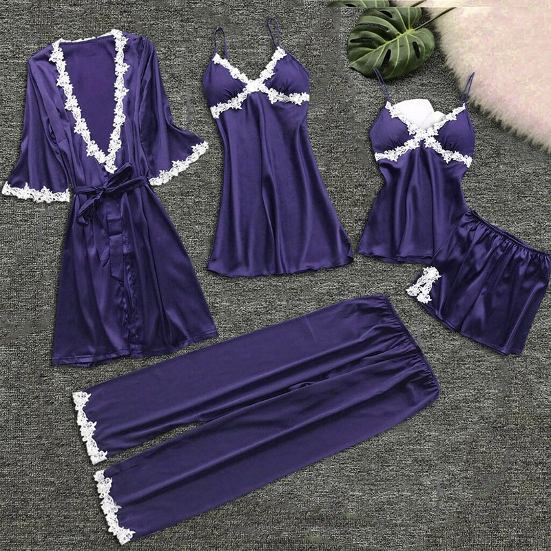 Women Pajamas 5 Pieces Sets Silk Satin Solid Pyjama Set Sexy Pajamas with Pad Lace Night Suits Sleepwear Home Clothes
Women Pajamas 5 Pieces Sets Silk Satin Solid Pyjama Set Sexy Pajamas with Pad Lace Night Suits Sleepwear Home Clothes