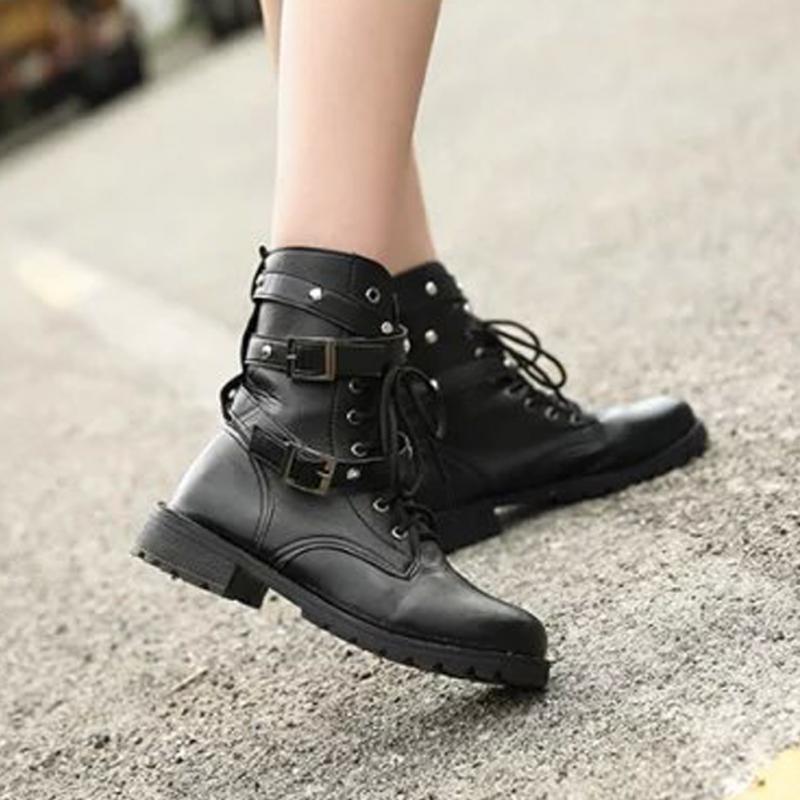 Hot Sale- Fashion New Punk Gothic Style Lace up Belts Round Toe Boots Women Shoes Short Boots Street haulage motor mujer zapatos