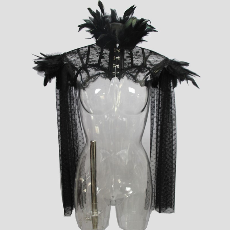 Women Steampunk Feathers Gothic Fake High Collar Lace Mesh Cape Shoulder Bolero Jacket Shrug Crop Tops Retro Vintage Halloween Rave Costume