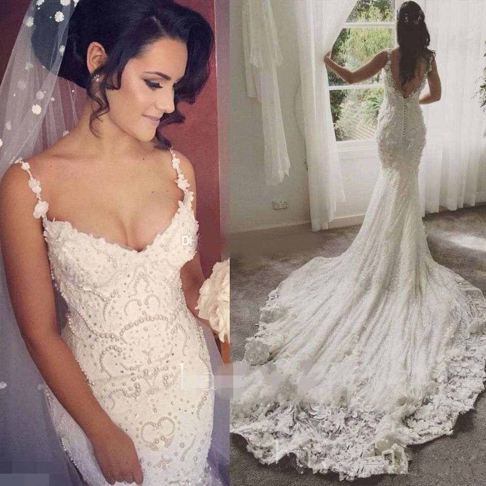 Elegant Appliques Lace Pearls Wedding Dresses Spaghetti Mermaid 3D Flora 2020 Sweep Train Boho Garden Bridal Gown Custom Made