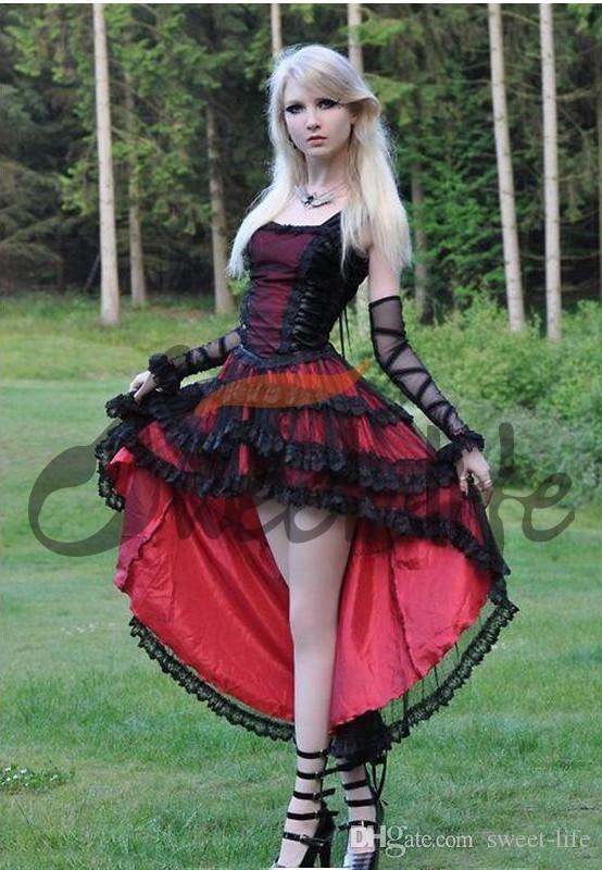 Gothic Vintage Sexy A Line Prom Dresses Girls Hi-Lo Spaghetti Straps Red Black Lace Party Wear Plus Size Formal Dress robes de soirée