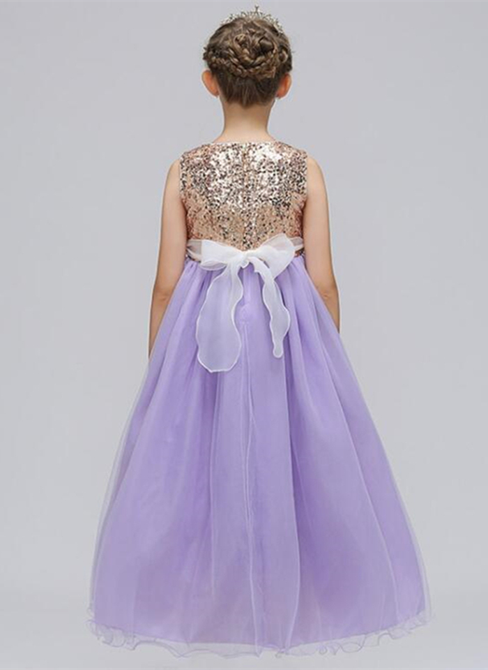 free shipping Teens Sequin Flower Long Princess Dress Children Party Clothing Girls First Communion Clothes Girl Dress