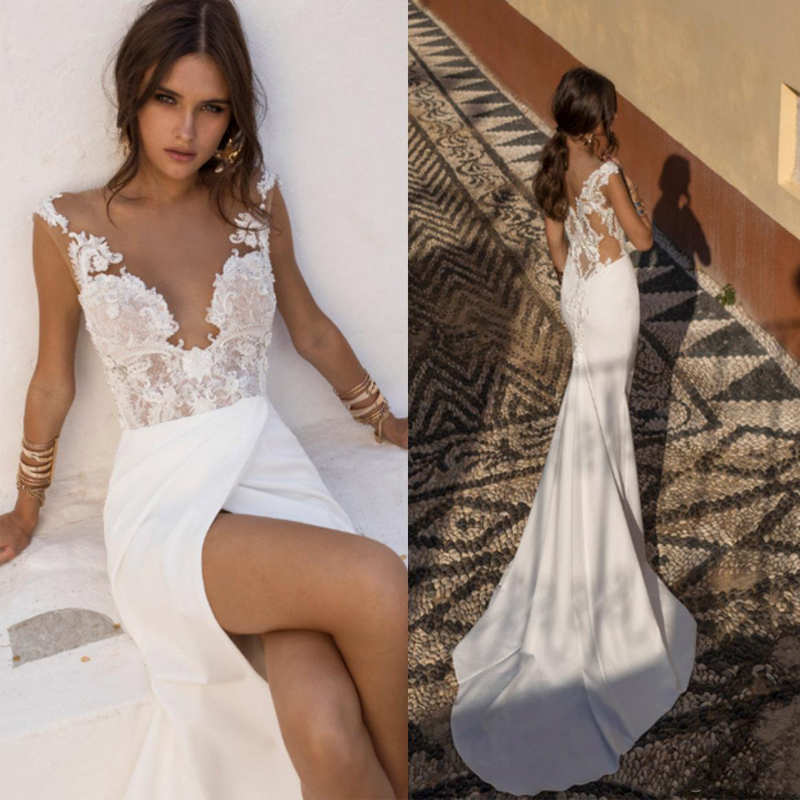 Sexy Style Thigh High Slit Wedding Dress Illusion Back Lace Deep V Neck Sleeveless Mermaid Front Split Bridal Gowns Fashion 2020, Pink
Sexy Style Thigh High Slit Wedding Dress Illusion Back Lace Deep V Neck Sleeveless Mermaid Front Split Bridal Gowns Fashion 2020, Pink