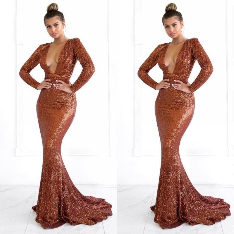 Sequined Prom Party Dresses Deep V-neck Long Mermaid Evening Gowns Women Ball Dress Celebrity Formal Gowns, Brown
Sequined Prom Party Dresses Deep V-neck Long Mermaid Evening Gowns Women Ball Dress Celebrity Formal Gowns, Brown