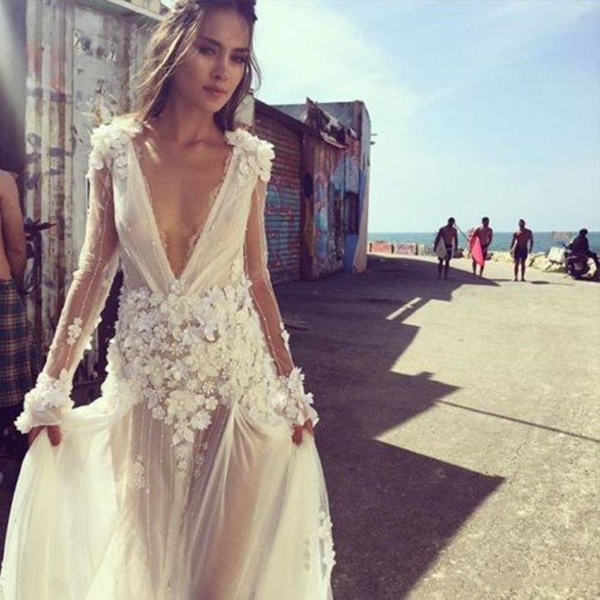 2019 Vintage Wedding Dresses Plunging V Neck Long Sleeves Bridal Gowns Floor Length Crystal Pearls vestidos de Wedding Dress robe de mariée