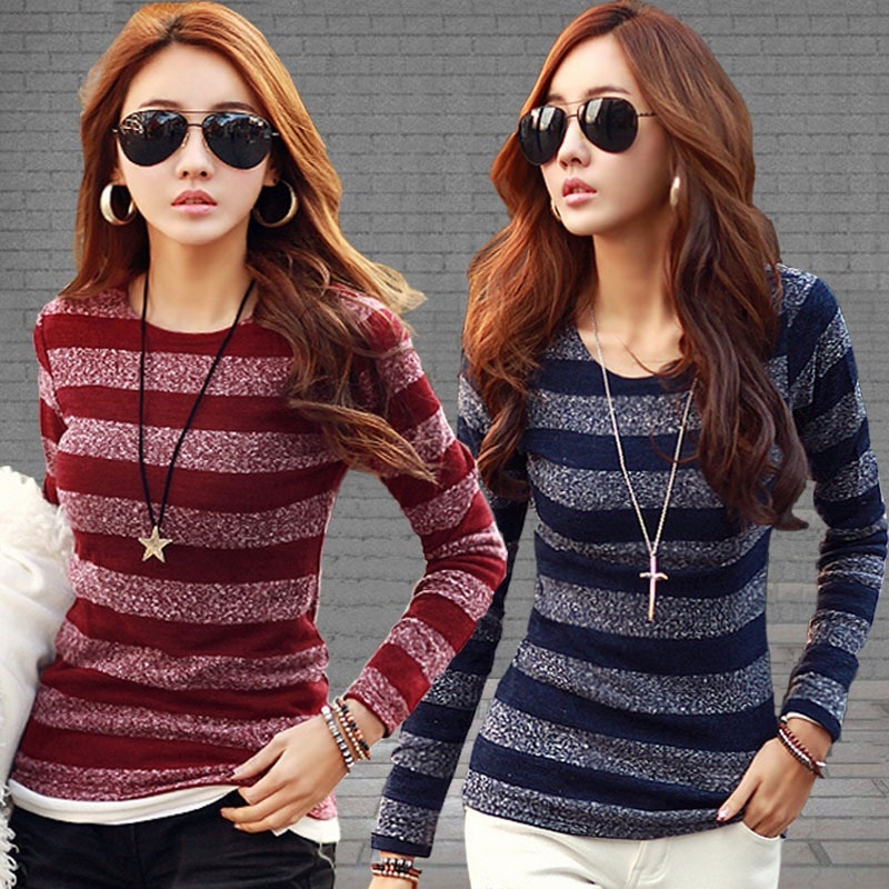 Striped long sleeved knit shirt, ladies T-shirt Korean female autumn Christmas
Striped long sleeved knit shirt, ladies T-shirt Korean female autumn Christmas