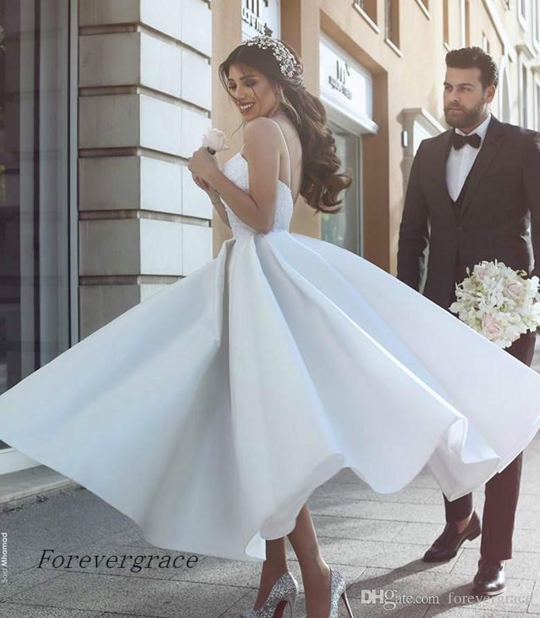 2019 Cheap Said Mhamad A Line Wedding Dress Romantic Spaghetti Straps Tea Length Backless Summer Reception Bridal Gown Custom Made Plus Size
